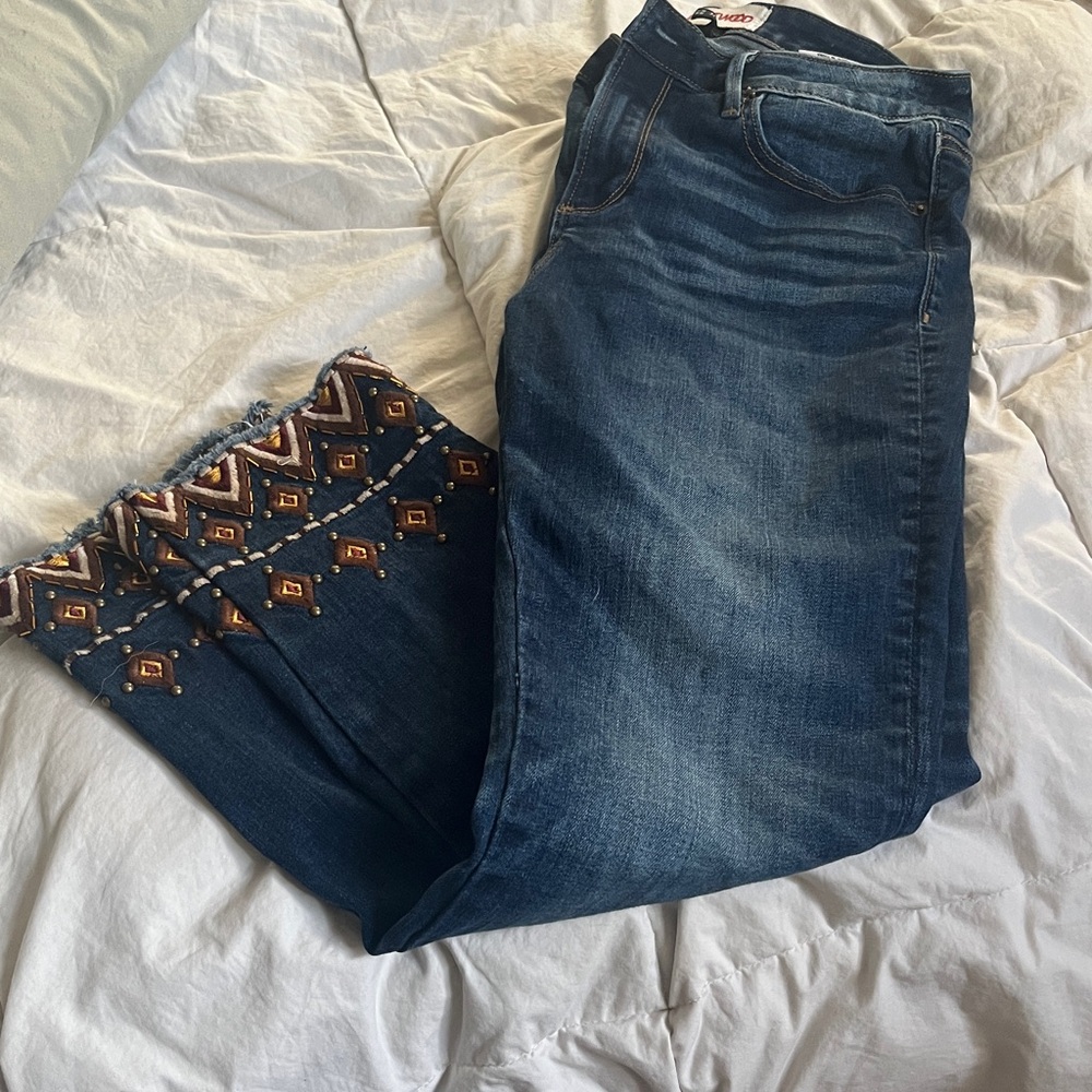 DRIFTWOOD Blue Jeans with Brown Patterned Hem